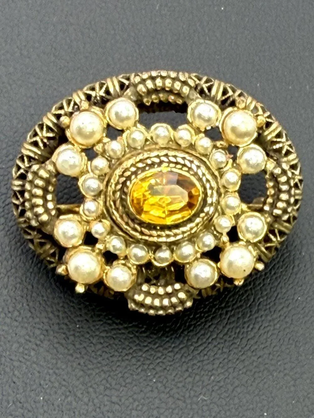 Vintage Victorian Revival Brooch Amber Glass Faux Pearl Filigree Pin